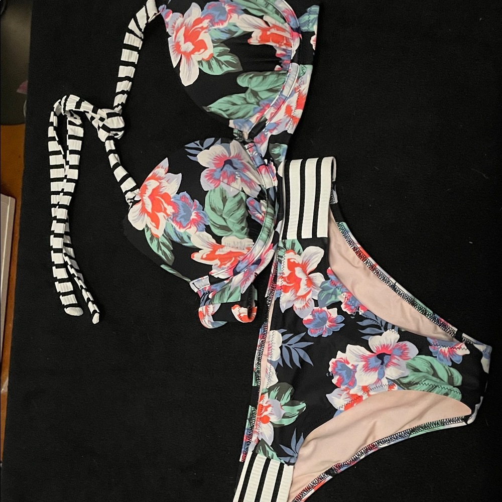 Floral Bikini with Striped Accents